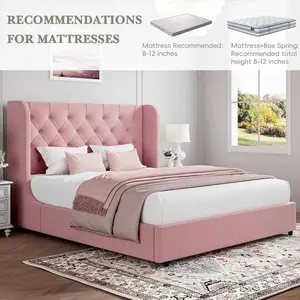 Queen Size    Wingback Headboard, Velvet Upholstered    Button Tufted Headboard, Anti-Collision Design, No Box Spring Needed, Full/ Queen/ King, Pink/ Grey/ White Bed frame with Twin Gingham Daybed Trundle