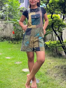 Cotton patchwork short-overalls, cotton patchwork romper