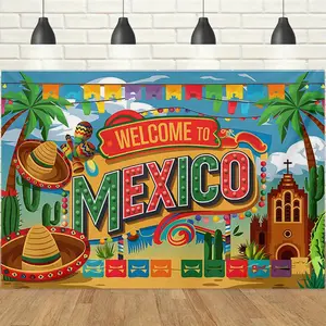 1pc 2D Mexican Style Theme Banner, Sombrero Cactus Carnival Backdrop, Mexican Themed Party Decoration Tapestry, Photo Booth Background Cloth for Fiesta Celebration