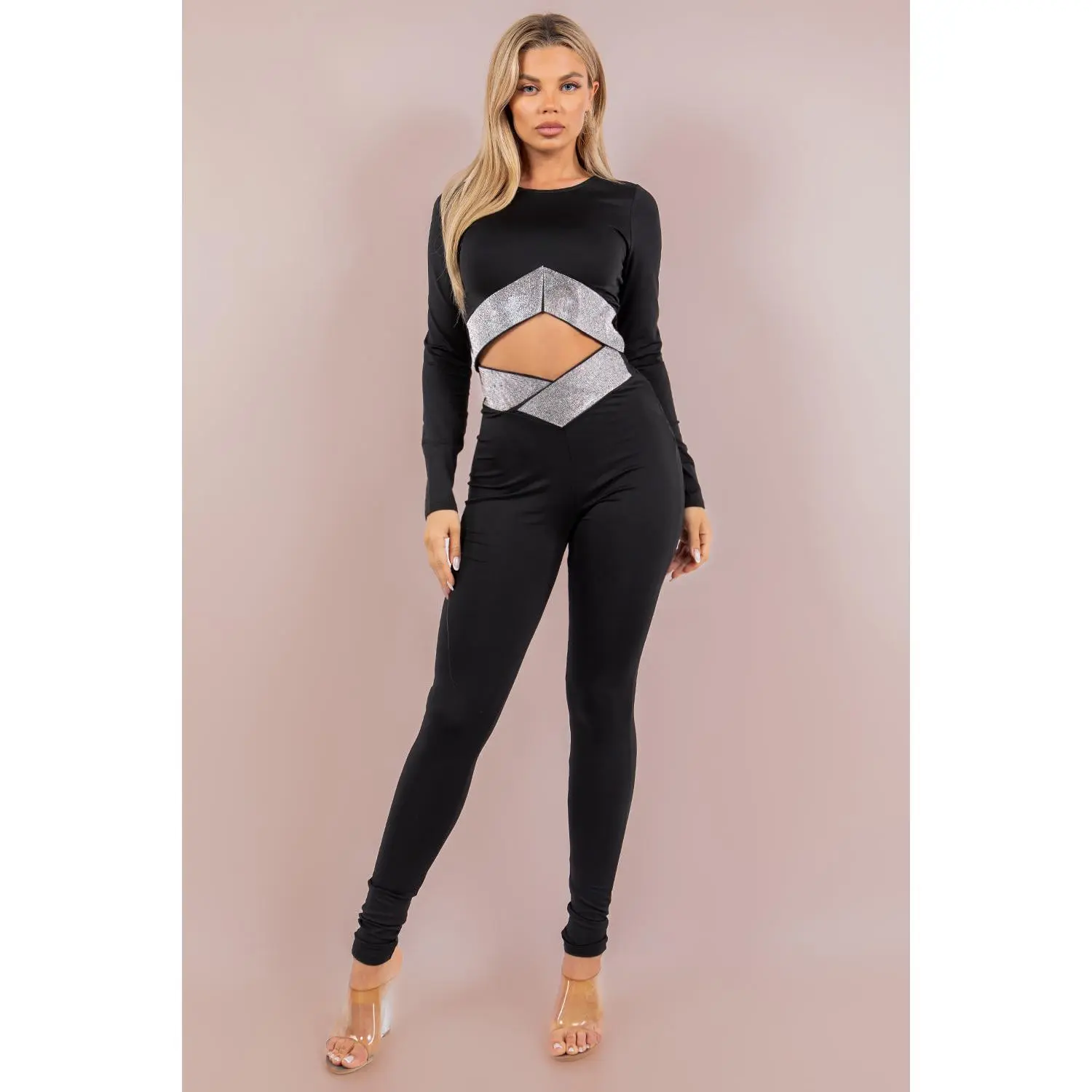 Asymmetrical Embellished Stretch Pant Set Long Sleeve Crop and Skinny Pants