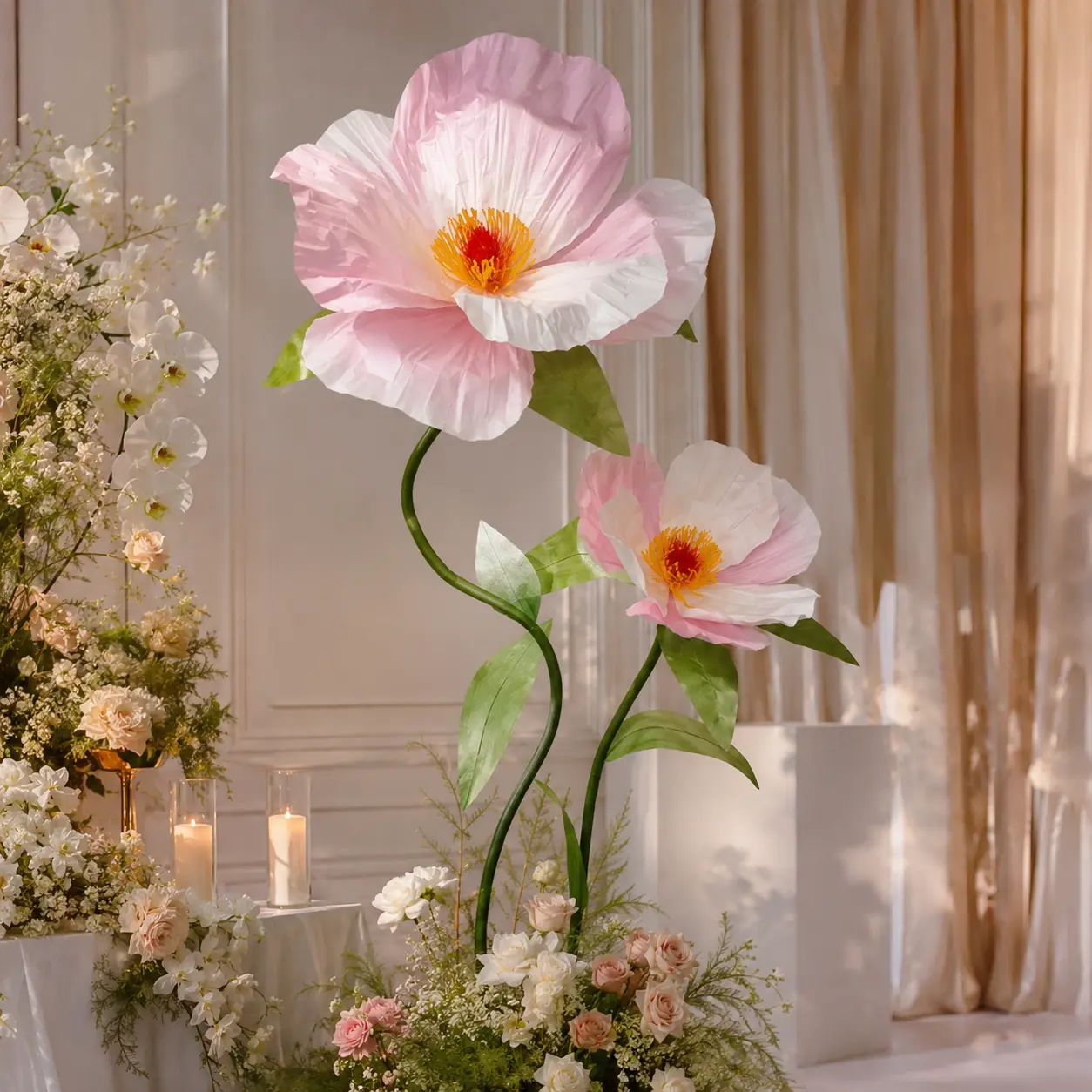 2-Piece Giant Artificial Paper Flowers with Metal Stand, 67.7 in Oversized Floor Flowers for Wedding Backdrop, Party, Event and Photo Booth Decor