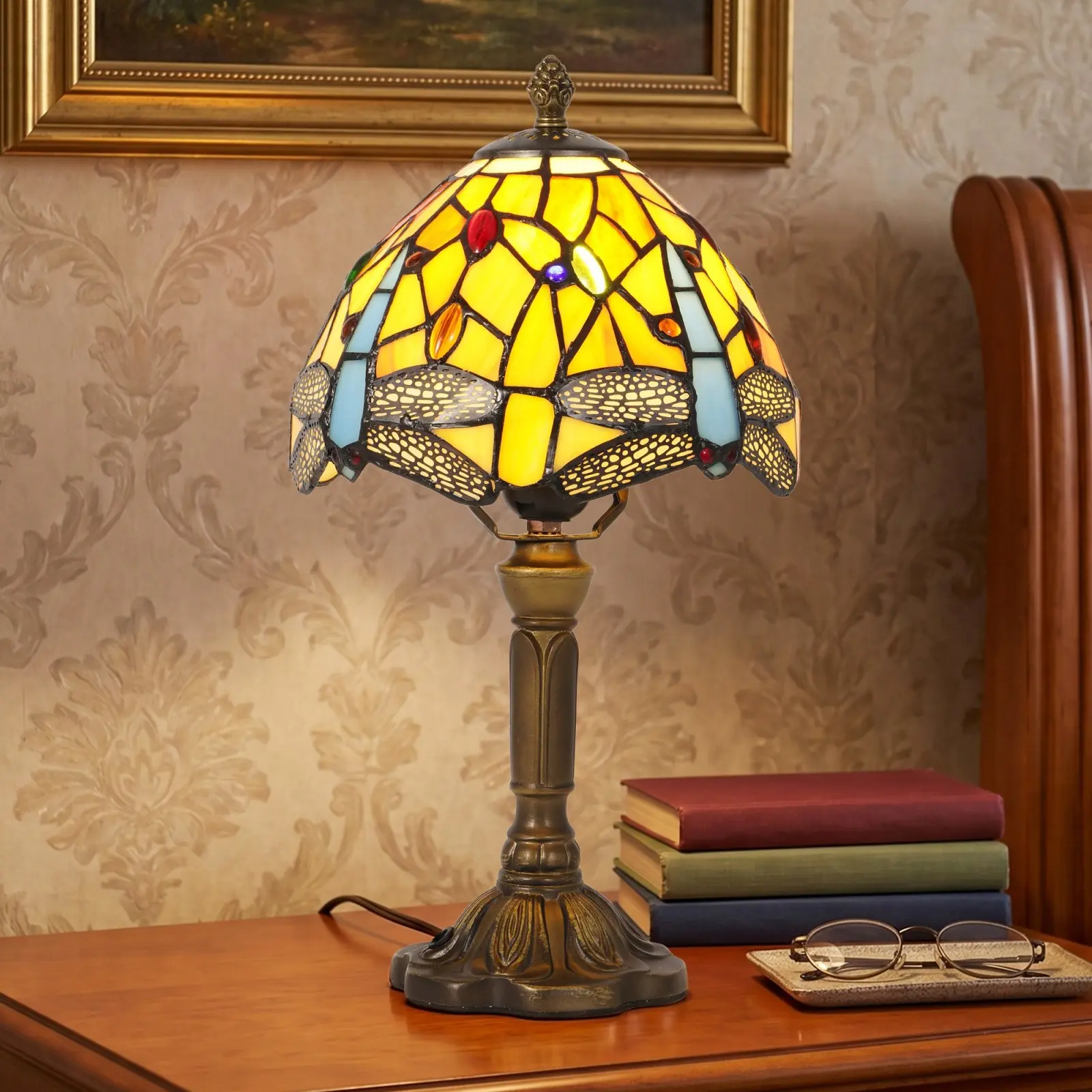 7.9in Vintage Jujube Red Dragonfly Tiffany Table Lamp, Antique Bronze Resin Base E26 Plug-In Warm Night Light for Bedroom Bedside Living Room Retro Home Decor