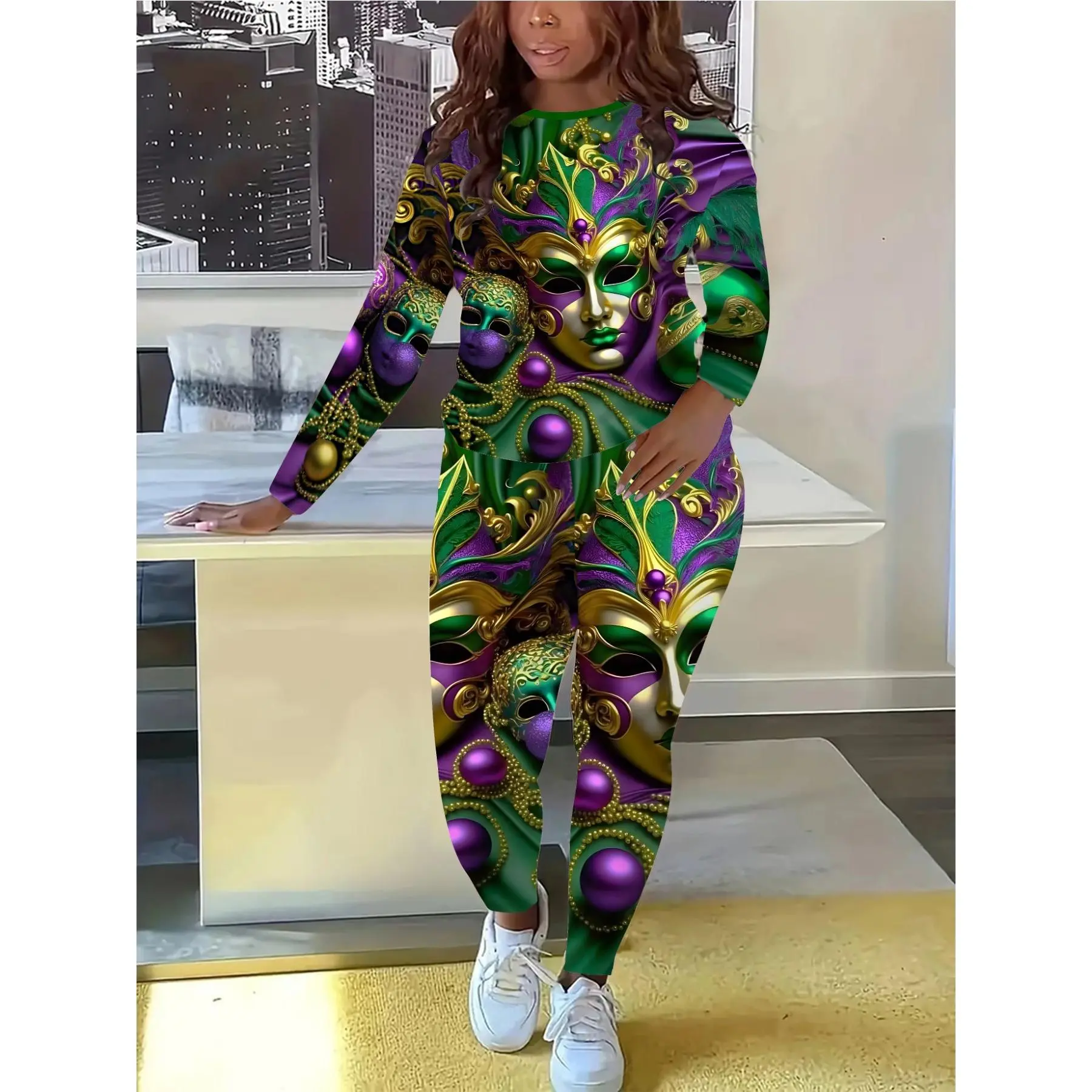 Directional Women'S Fashion 3D Carnival Mardi Gras Mask Printed Long Sleeve And Pants Outfit