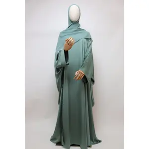 3 Piece Set Satin Open Bisht Abaya - Sage