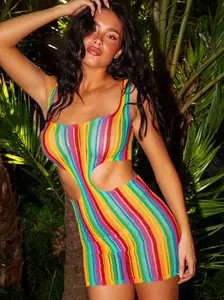 Technicolor Dream Crossover Halter Rainbow Fishnet Mini Dress