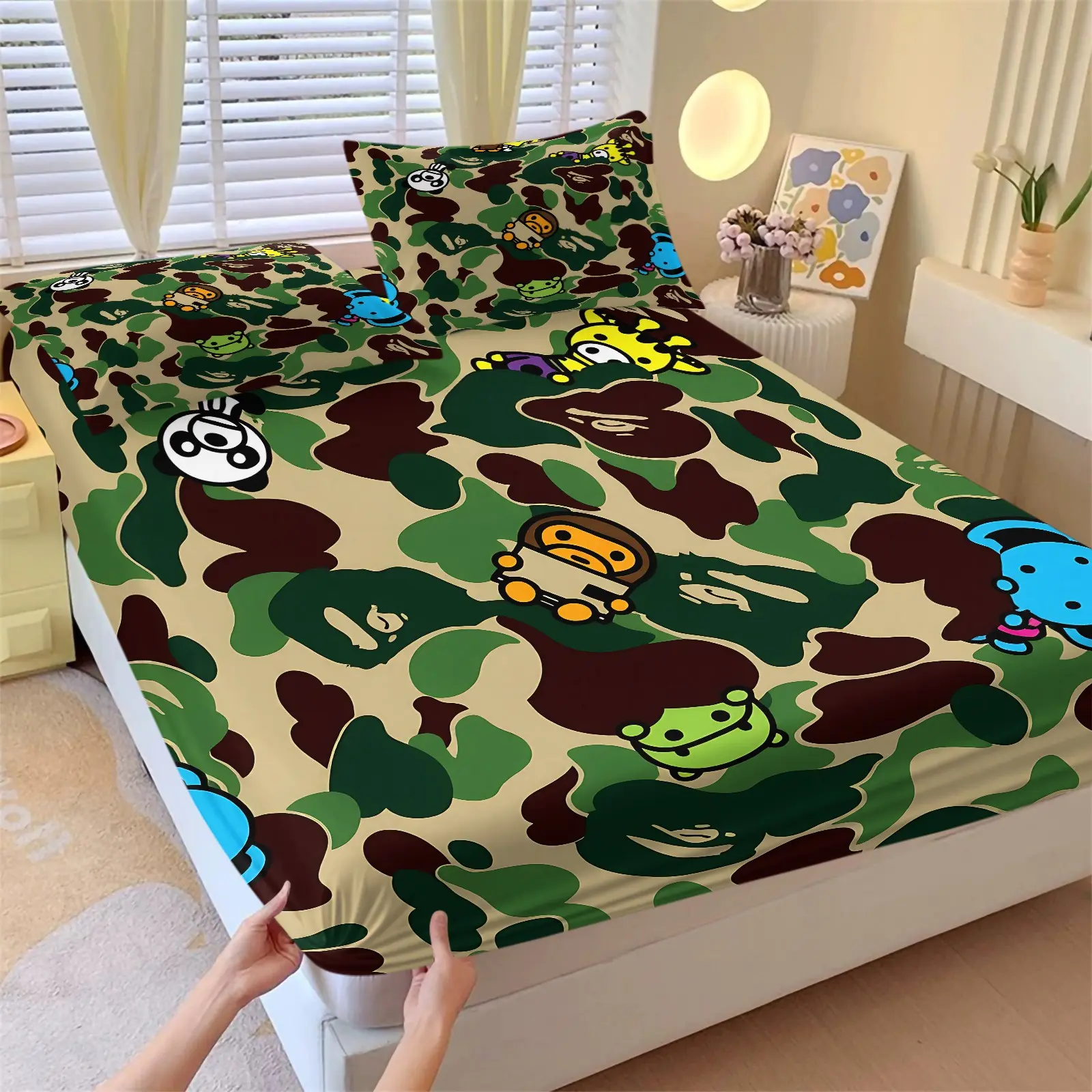 Military Green Camouflage Cartoon Breathable Fitted Sheet Set, 1 Fitted Sheet + 2 Pillowcases No Core, Streetwear & Playful Element Mattress Protector, Anti-Wrinkle Slip-Resistant, Trendy Cool Boys' Bedroom Decor, Bedding, Bed Sheets