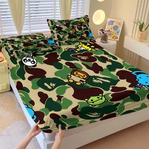 Military Green Camouflage Cartoon Fitted Sheet Set, 1 Fitted Sheet + 2 Pillowcases No Core, Streetwear & Playful Element Mattress Protector, Anti-Wrinkle Slip-Resistant, Trendy Cool Boys' Bedroom Decor