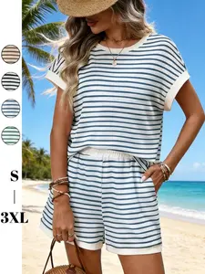 S-3XL，Women's Striped Knit Short Sleeve Shorts Set, Casual Summer Homewear Loungewear, Stripe Two-Piece, Loose-Fitting, Beach Vacation Style