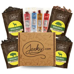 8 pc Exotic Jerky Snacks Gift Box - 100% Whole Muscle Meat Venison, Elk, Buffalo, Wild Boar Jerky & Exotic Snack Sticks - Assorted Wild Game Jerky Variety Pack - Unique Snack Gift Basket for Men - Gift for Him, Gifts for Guys - 8 oz.