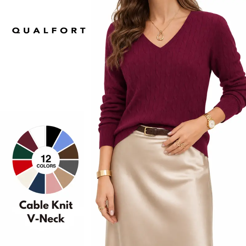 QUALFORT Women's 100% Cotton Cable-Knit Knitwear, Soft Lightweight Crew Neck Long-Sleeve Pullover Top, Modest Classic Basics for Business Casual, Office Wear, Spring & Fall Outfits