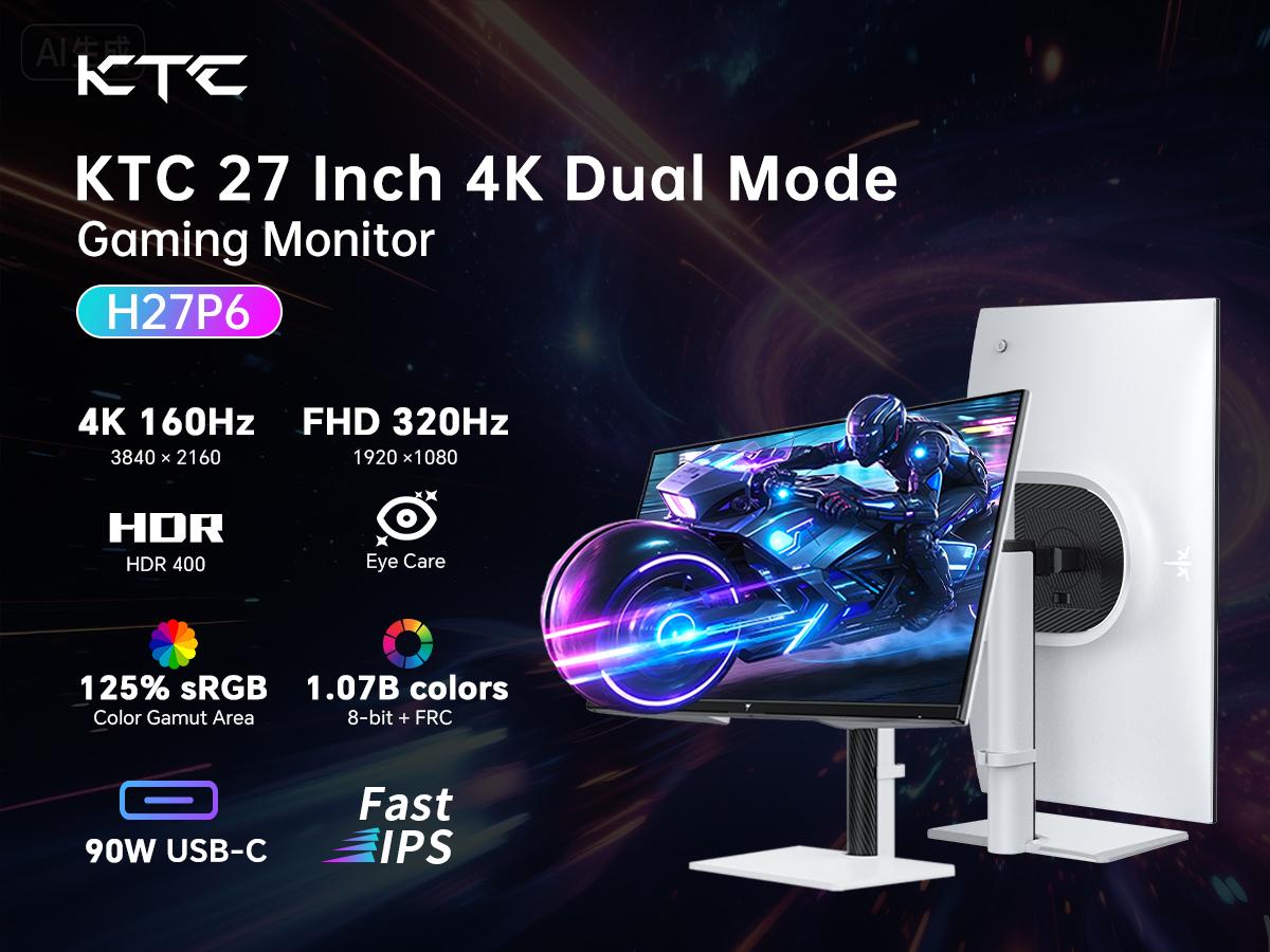 KTC 27" 4K Gaming Monitor, Dual Mode 4K UHD 160Hz & FHD 320Hz, LOGO RGB Light, Fast IPS, HDR400, Adaptive Sync, 90W Type-C, HDMI 2.1 & DP 1.4, Height Adjustment PC Monitor, VESA, KVM Support, H27P6