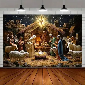 Nativity Scene Christmas Backdrop Banner - Festive Stable with Angels Sheep & Starry Sky for Holiday Parties Photography Home Decor Vibrant Colors Lightweight Easy Install