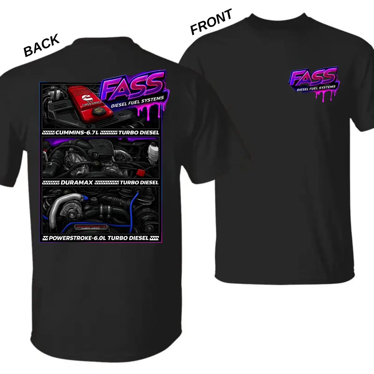 FASS Diesel Duramax Powerstroke Engine Bay Triple Panel Black T-Shirt - 6.7L 6.0L Turbo Diesel Mechanic Graphic Tee Car Enthusiast Gift