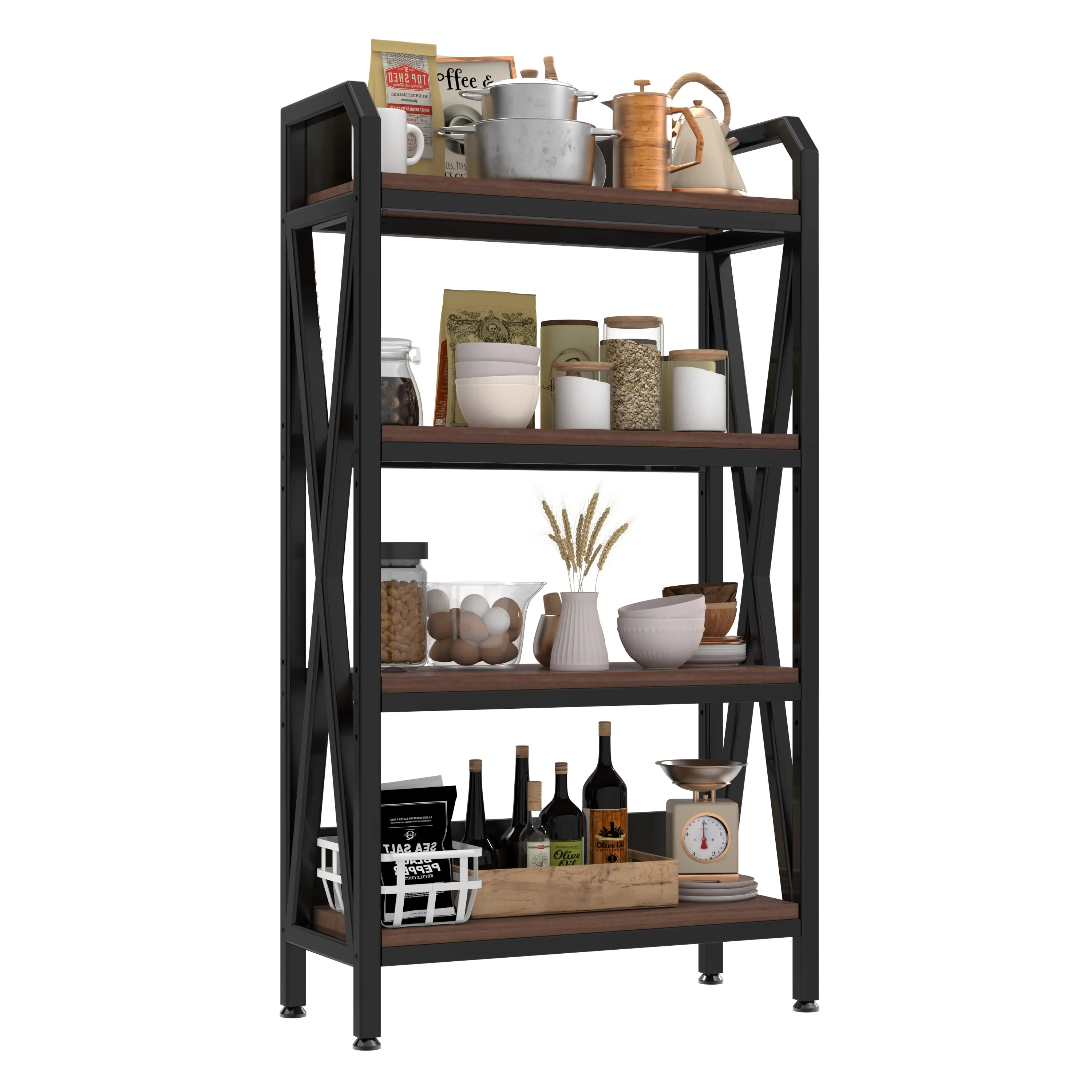 56.30'' Bakers Rack 4-Level Storage Shelves Metal and Wooden Kitchen Shelves, Kitchen Organizers and Storage, for Garage, Pantry, Bathroom, Closet ,33.50'' Length