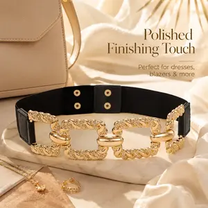 Women’s Gold Chain Elastic Waist Belt, Stretch Metal Waistband with Button Closure, Fashion Dress Belt for Dresses, Blazers, Skirts, Jeans & Summer Outfits