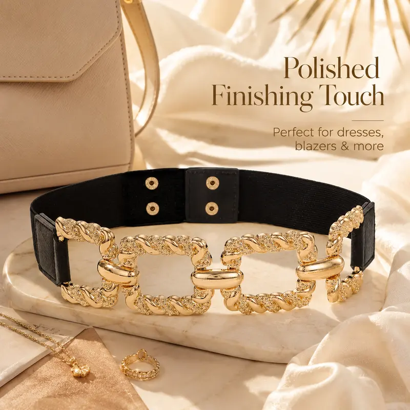 Women’s Gold Chain Elastic Waist Belt, Stretch Metal Waistband with Button Closure, Fashion Dress Belt for Dresses, Blazers, Skirts, Jeans & Summer Outfits