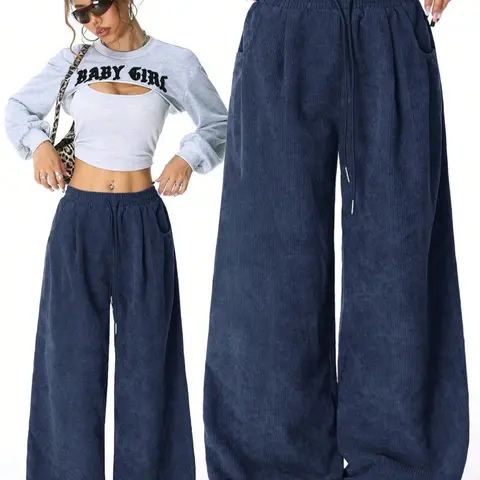 Women's Casual Basic Corduroy Fitted Straight Leg Trouser Pants with Pockets, Womenswear Low Waist Adjustable Drawstring Design, Perfect for All Seasons Daily Wear Bottom, Everyday, Casual Trousers