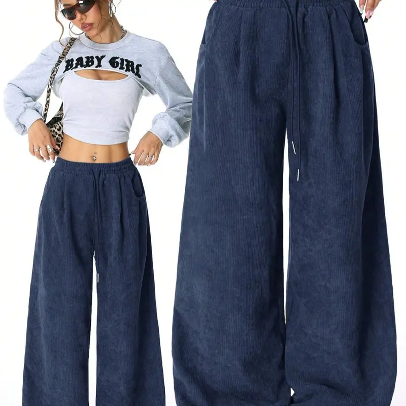 Women's Casual Basic Corduroy Fitted Straight Leg Trouser Pants with Pockets, Womenswear Low Waist Adjustable Drawstring Design, Perfect for All Seasons Daily Wear Bottom, Everyday, Casual Trousers
