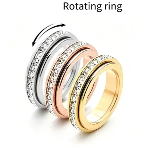 Anxiety Rotating Rings for Women and Men, Titanium Steel Rings with Cubic Zirconia for Stress Reliefe, Unisex Stress Relief Fidget Toy, Size 6-9 for Men Women Jewelry