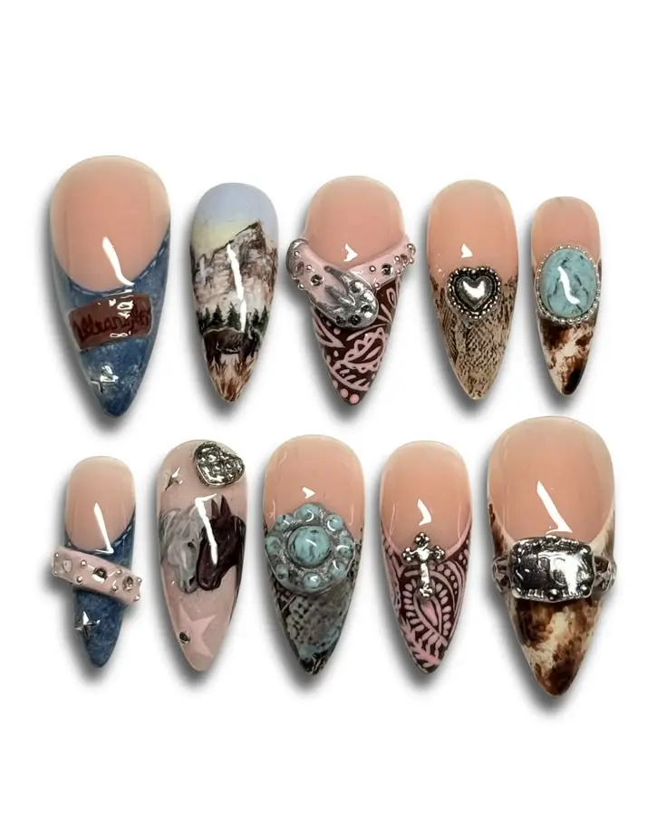 Western Cowgirl Press-On Nails, Reusable Handmade False Nails with Turquoise Gemstones, Cow Print, 3D Leather Belt & Horse Designs