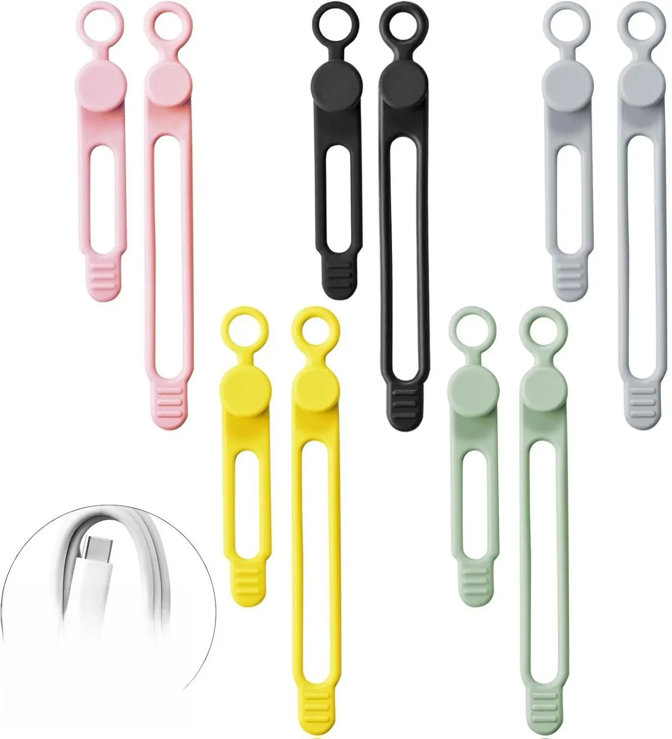 10Pcs Reusable Silicone Cable Ties - Adjustable Versatile Cord Organizer with Locking Buckle, Elastic Straps for Headphones, Chargers, PC Wires - Tangle-Free Eco-Friendly Wraps Keeps Cables Tidy for Home, Office