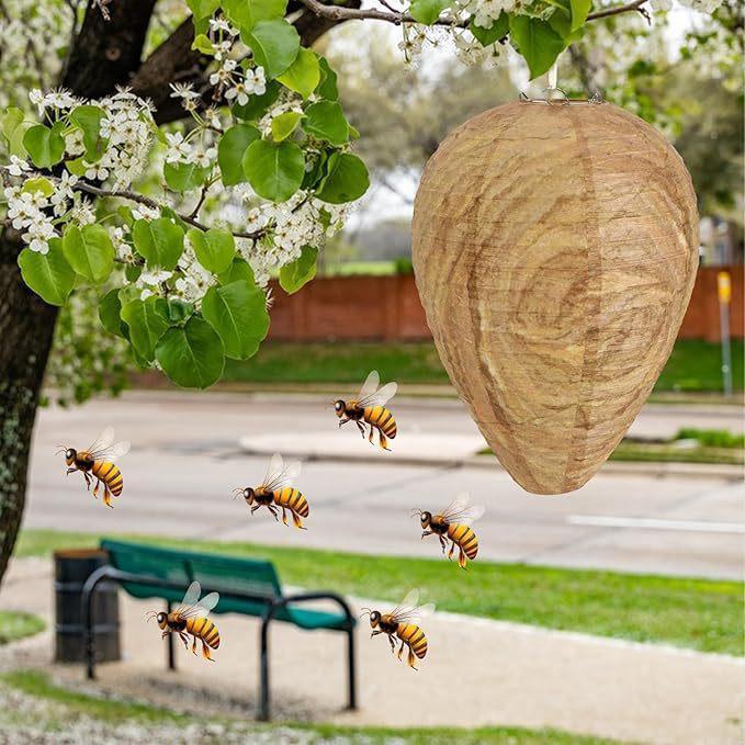 4 Pack Wasp Nest Decoy – Hanging Fake Hornet Nest, Natural Wasp Repellent for Patio, Backyard, BBQ (11”)
