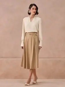 Beige Midi Flare Skirt with Waist Tie