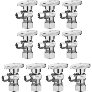 (10 Pack) BH Angle Stop Valve 1/2" Nominal Compression x 3/8" OD, 1/4-Turn Shut Off Valve, Plated Brass, for Shower Plumbing