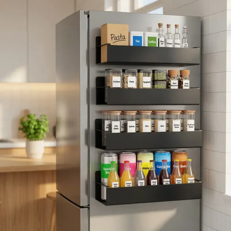 4 Pack Magnetic Spice Rack Organizer with Hooks for Refrigerator and Oven, Black Spice Seasoning Rack Fridge Organizers and Storage for Kitchen