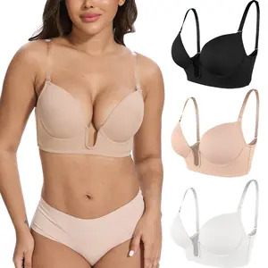 Women Low Cut Bras Deep Plunge Cleavage Backless Bra Push Up Bra Underwire Convertible Push up Halter Bra with Clear Straps