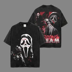 Ghost Face Scream Horror Premium Acid Wash T-Shirt, Halloween Merch Friday The 13th Merch, 80s Horror T-shirt, Slasher Movie Apparel For Fans Menswear
