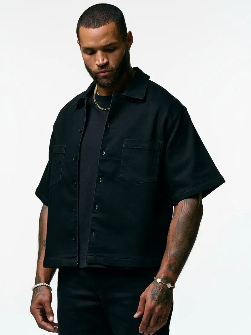 ANANKE Men's Black Cropped Cuban Button-Down Shirt, Open Notch Lapel Oversized Canvas Top with Chest Pockets