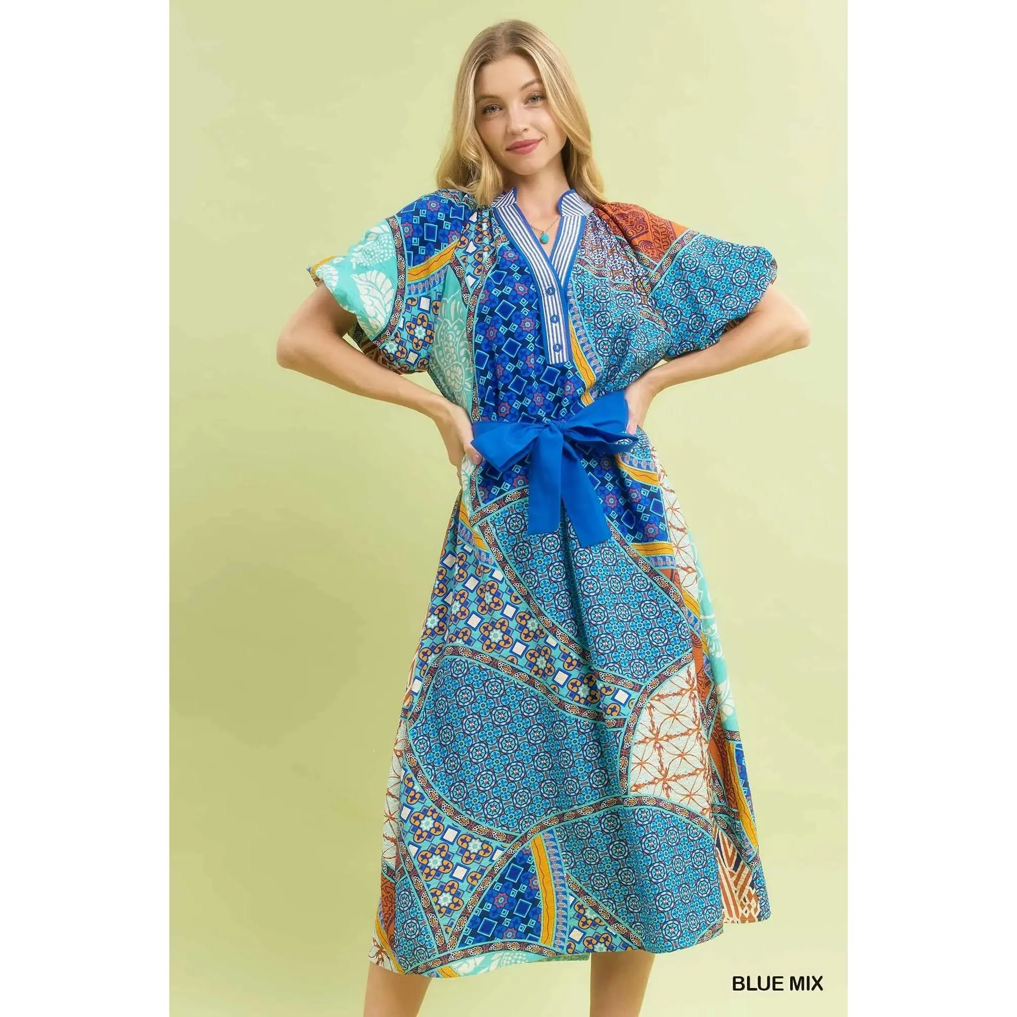 Umgee Mix Patchwork Print Midi Dress with Tie Waist - 2 Colors