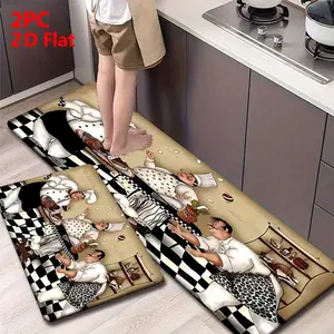 2/3 Piece Flannel Kitchen Mat Set, Cute Chef Cartoon Design, Anti-Slip, Absorbent, Home Decor for Kitchen, Dining Room, Hallway