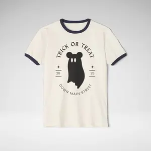 Trick or Treat Down Main Street Ringer Tee | Vintage Halloween Park-Inspired Graphic | Unisex Next Level Cotton T-Shirt