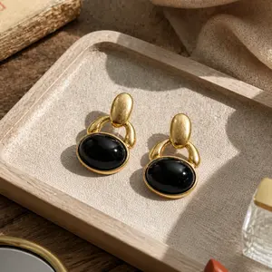 Retro Black Gem & Gold-Tone Dangle Drop Earrings for Female, Hypoallergenic Brass Alloy Plug Earrings, Ornate Link Design for Sensitive Ears, Gift Box Included
