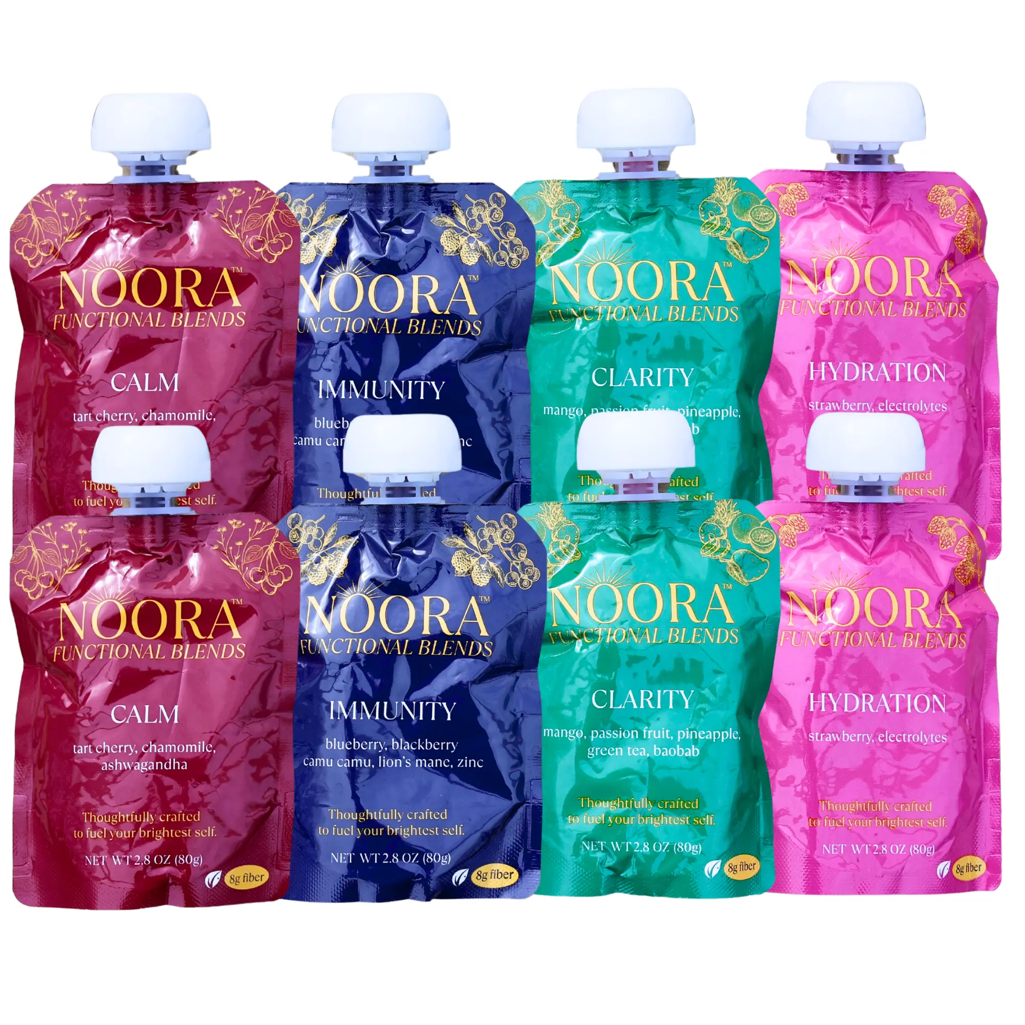 NOORA Functional Blends Variety Pack – Immunity, Calm, Clarity & Hydration | High-Fiber Fruit Snack Pouches, (8-Pack)