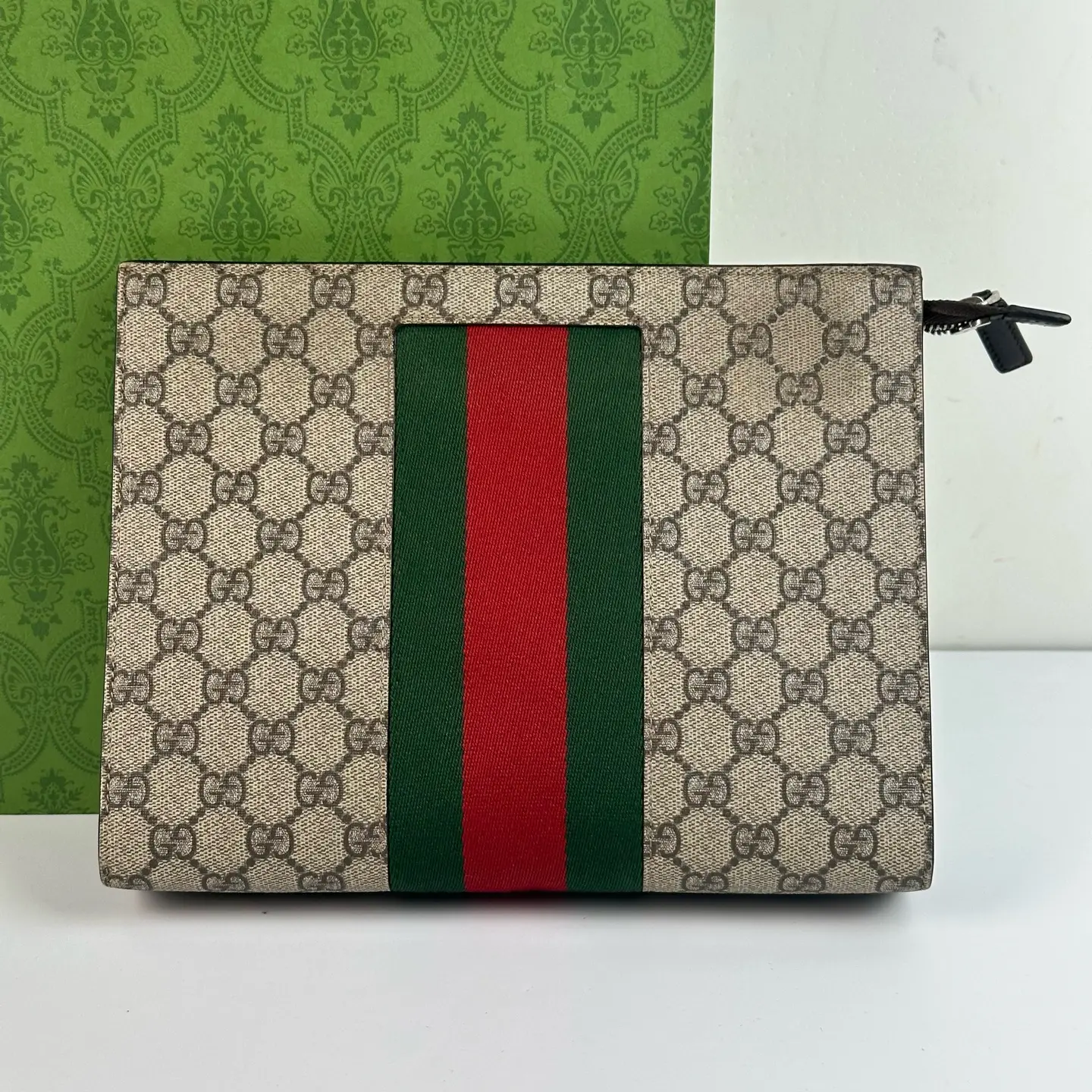 Pre-owned GUCCI GG Supreme Ophidia Web Clutch Hand Pouch