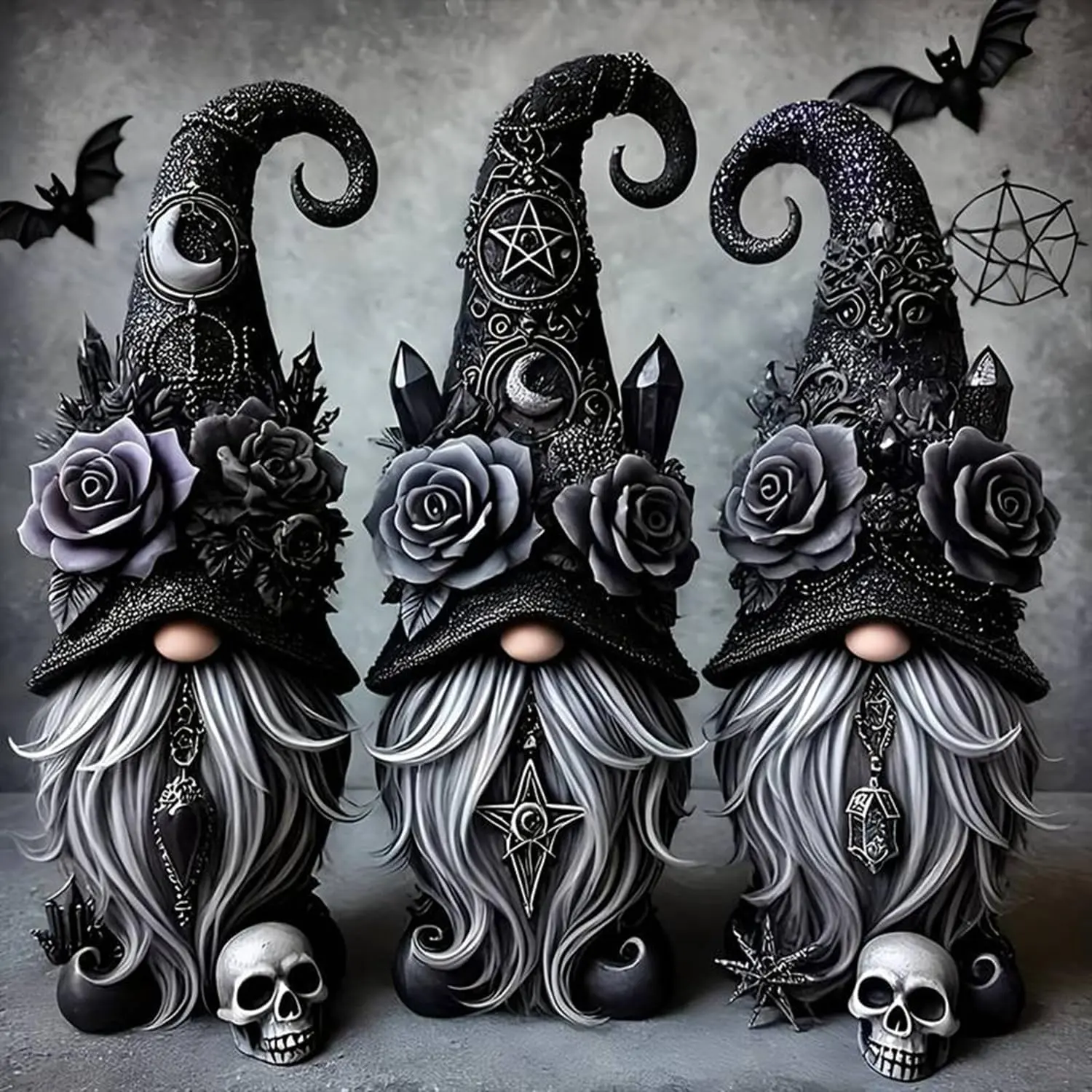 AIBOERL Gothic Gnome Diamond Painting Cross Stitch Kit - Dark Floral Skull DIY Needlework Craft, Diamond Art Tools, Glue for Halloween Home Decoration, Relaxation, Birthdays, Graduations, Thanksgiving
