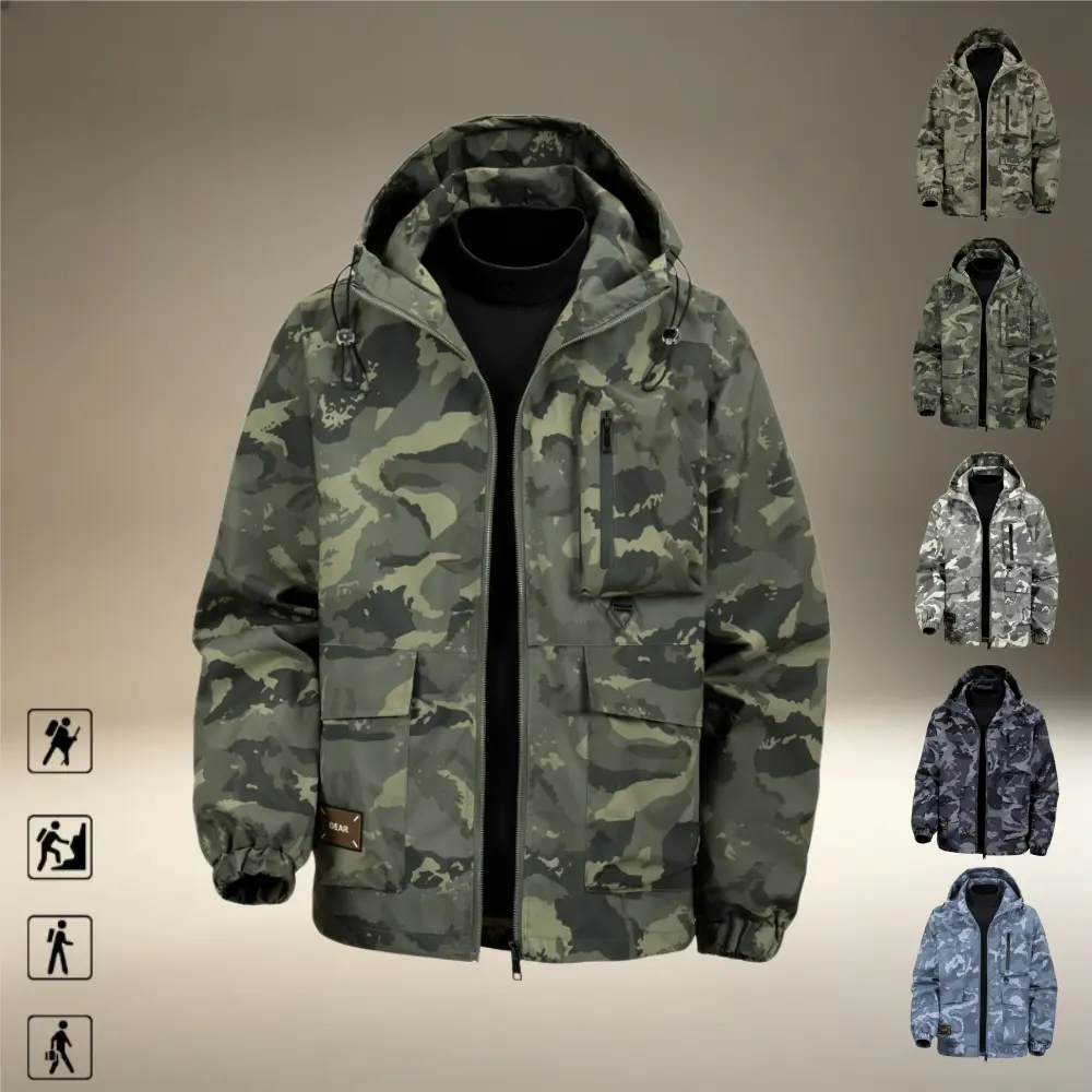 Men’s camouflage hooded workwear jacket featuring an American functional outdoor style, multiple compartments and 3D pockets paired with an adjustable drawstring hood, suitable for outdoor hiking and everyday outings, available in various camouflage color