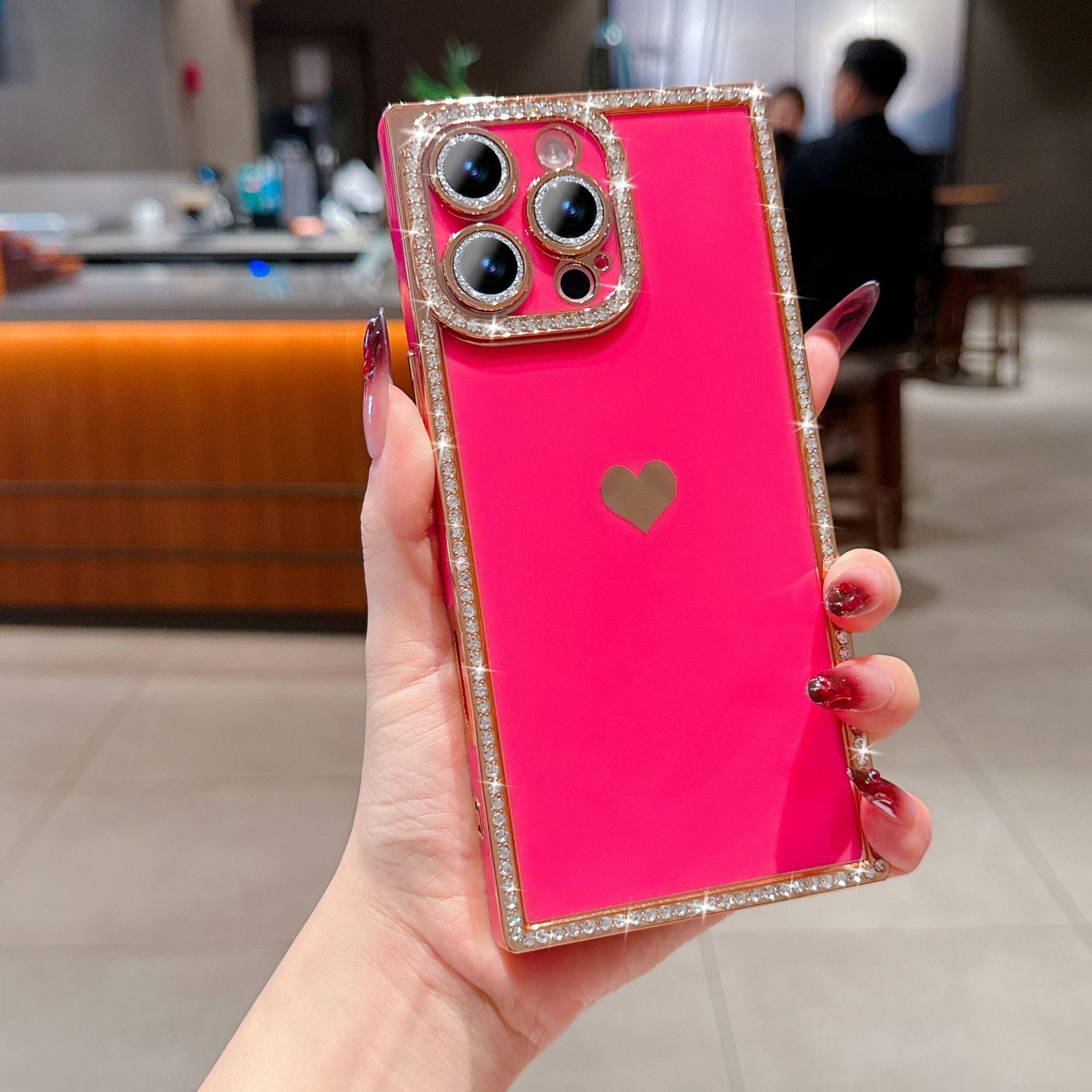 Luxury Rhinestone Square Edge Phone Case, Bling Diamond Full Camera Protection Shockproof Cover with Heart Design for IP 16 Pro max, 15 plus, 14, 13 junk