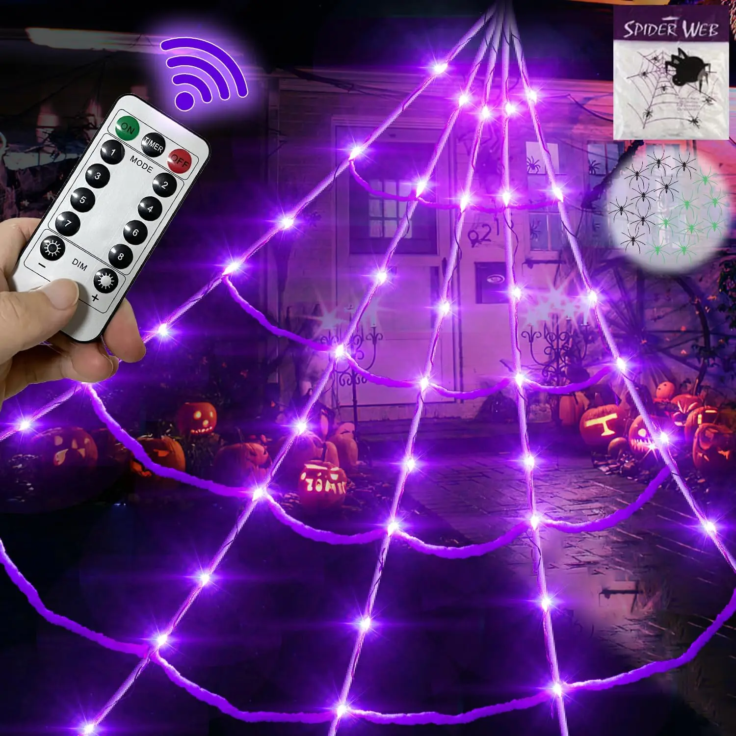 Spooky Halloween Giant Triangular Polyester Rope Spider Web Party Decoration, 20x17FT 200sqft Cobweb with 150 LED Purple Battery-Operated Waterproof Twinkling Decorative Lights, 20 Small Spiders, Remote, Timer & Stake for Indoor Outdoor Decorative Use, Ha