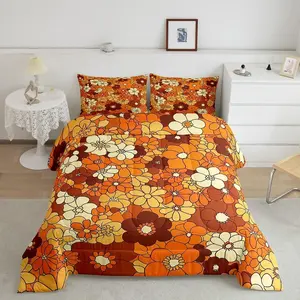 Boho Floral Bedding Set,Retro Groovy Flowers Down Comforter,60S 70S Hippie Flower Power Comforter Set,Kids Girls Women Groovy Natural Quilt