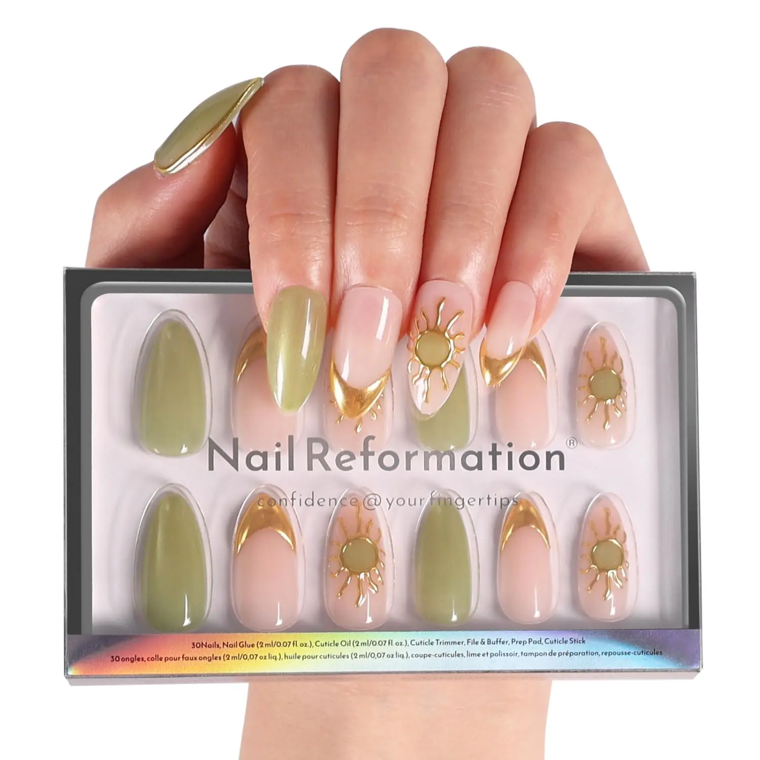 Nail Reformation Press On Nails, Sun & Sky | Emerald Green Shimmer Medium Almond Fake Nails with Sculpted Gold Overlays, Glossy Reusable Stick On Nails Kit - 30 Pcs in 15 Sizes, Gifts for WomenGift.
