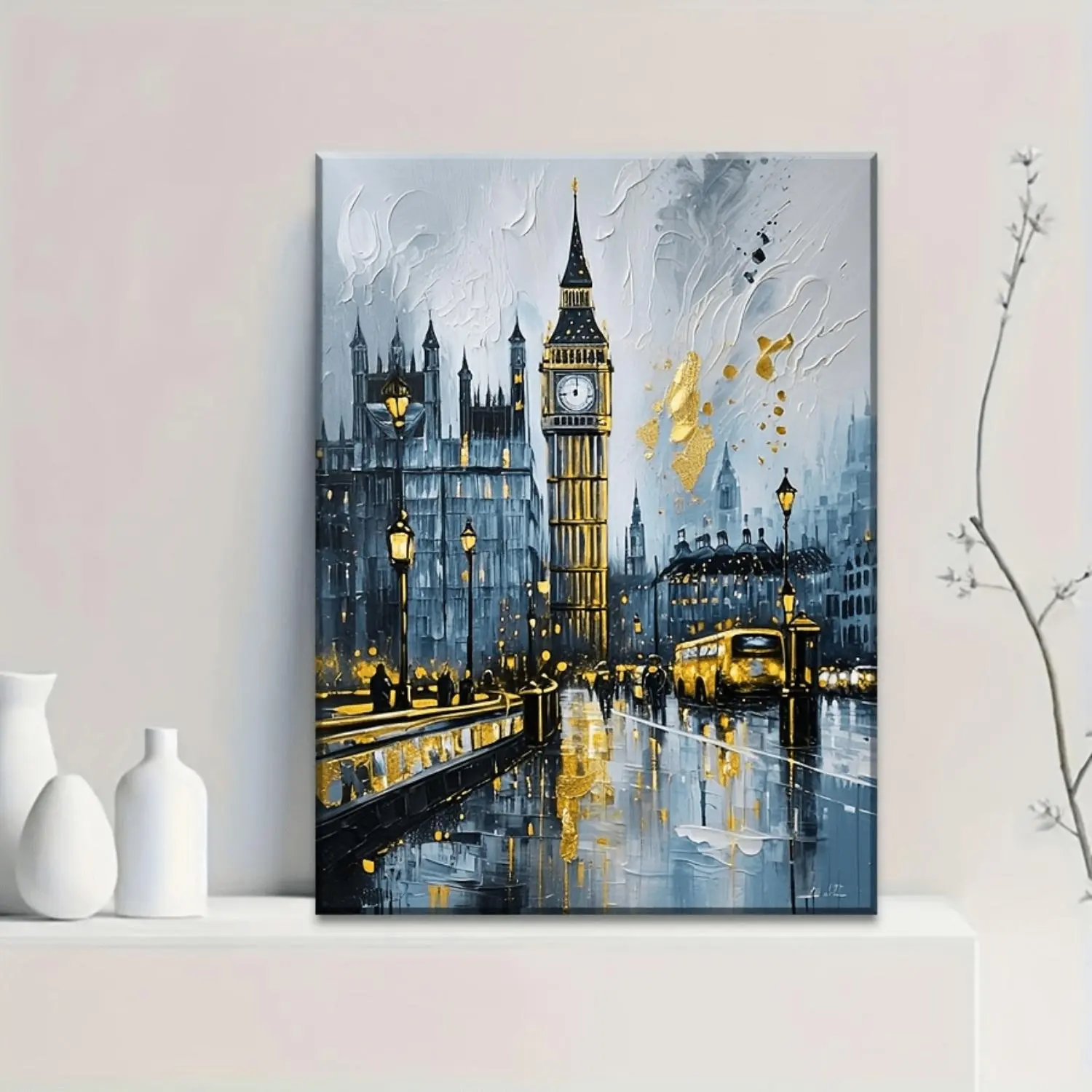Unframed London Big Ben Decorative Print - Iconic British Architecture, Abstract Texture Landscape, Fade-Resistant Waterproof Minimalist Gold-Blue Handcrafted Canvas, Home Decor for Living Room, Office