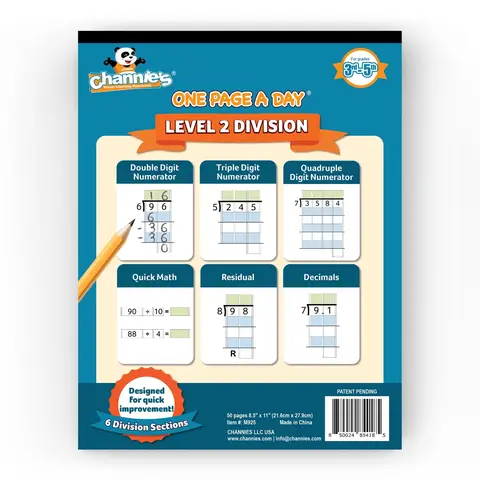Channie's 1 Page a Day Level 2 Math Learning Book - 8.5 x 11 Inches, 6 Progressive Sections, Advanced Visual Practice, Large Boxes for Neatness, Supports School Division Curriculum, Homeschooling Use, Answer Sheet Included (Grades 3-5)