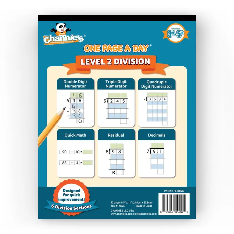 Channie's 1 Page a Day Level 2 Math Learning Book - 8.5 x 11 Inches, 6 Progressive Sections, Advanced Visual Practice, Large Boxes for Neatness, Supports School Division Curriculum, Homeschooling Use, Answer Sheet Included (Grades 3-5)