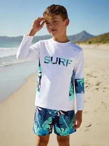 Boys' Sun Protection Swimwear Set, Long Sleeve Quick-Dry Swimsuit, Swimsuits With Shorts, Fashion Coconut Tree Print, Comfortable Breathable UV Protection