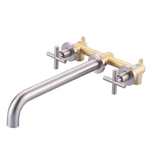 WOWOW Brushed Nickel Wall-Mount Tub Filler - Brass Body Bathtub Faucet with 2 Cross Handles, Long Spout Reach, 8 GPM Flow, Included Brass Rough-In Valve