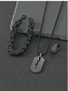 Fashionable Colorful Men Jewelry Set, Including Lightning Pendant Necklace, Bracelet And Ring, Perfect For Daily Wear